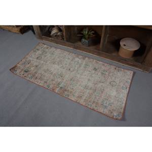 Tapis turc vintage 2.3x5ft, tapis en laine tissé plat beige et bleu avec support en latex pour les décorations de salon - Product Image 3