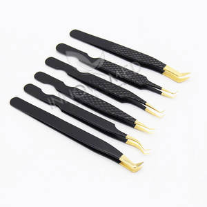 Pinzas de extensión de pestañas con punta de fibra de oro negro, pinzas personalizadas de dos colores, pinzas de volumen rusas de etiqueta privada, respetuosas con el medio ambiente - Product Image 1