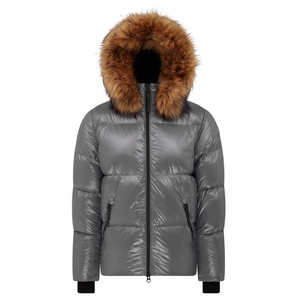 Custom Shiny Grey Puffer Jacket Men Women <b>Winter</b> Warm Fur Hood Glossy <b>Quilted</b> Down Coat Windproof Outdoor Parka Bubble Overcoat - Product Image 3