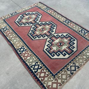 Turkish Vintage Rug 4.3x5.9 ft (131x180 cm), <b>Red</b> Bordered <b>Wool</b> Rug - Product Image 2