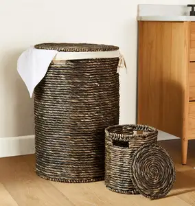 时尚可持续: 越南手工编织水葫芦垃圾箱/洗衣篮，用于环保家居装饰和洗衣