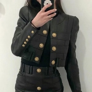 แจ็กเก็ตหนังแกะแบบเปิดสั้นของผู้หญิงสีทองหรูหรากระดุมสองแถวคอหนังแกะแฟชั่นฤดูหนาวระบายอากาศไฮสตรีทสีดำ - Product Image 2