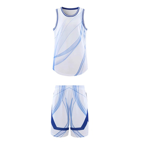 Ensemble d'uniformes de basketball blanc et bleu à transfert thermique, en polyester respirant, vêtements de sport pour adultes, haute qualité, couleurs personnalisables, modèle avancé - Product Image 1