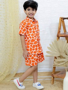 Summer Kids <b>Boys</b> Clothes Clothing Printed Orange Color Cotton <b>Linen</b> <b>Boys</b> <b>Short</b> Sleeve T-Shirt + <b>Shorts</b> Two Piece Set - Product Image 4