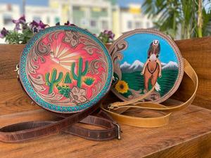 Nouveau Western main usiné en cuir cantine sac à main élégant Cowgirl et Cactus rond sacs à bandoulière sacs en cuir véritable pour femmes - Product Image 3