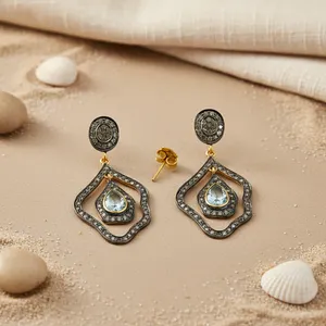 Boucles d'oreilles pendantes en diamant aquamarine pour femmes, plaquées or, forme goutte, bijoux en or blanc, perle turquoise, style mignon pour les mariages et les fêtes - Product Image 3