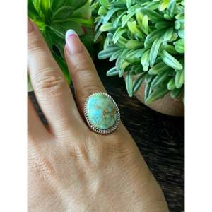 Bague en argent sterling Reda Galvan avec turquoise de la montagne Sonora, sertie de diamants ovales, or rose, romantique, taille 7.75, cadeau idéal - Product Image 2