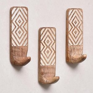 Boho Style Wooden Adhesive <b>Hooks</b> With <b>Key</b> Holder Decorative Sticky <b>Wall</b> <b>Hooks</b> for Clothing <b>Key</b> Storage No Damage to Drywall - Product Image 1