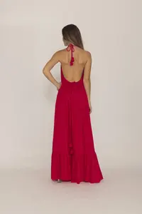 Attrayant vacances plage rouge sans manches vêtements femmes Boho col rond plaine dos nu longue Boho longue Maxi robe - Product Image 5