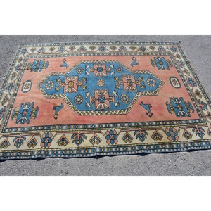 Alfombra Kilim turca Vintage 5,2 X 7.2ft Rectángulo clásico Azul Naranja Diseño de retazos Material de lana Látex Técnica de tejido plano - Product Image 3