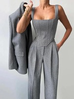 Set celana Blazer Fishbone, 3 buah untuk wanita, jaket satu kancing Solid, atasan Crop pinggang tinggi, celana saku 2025, Set kantor