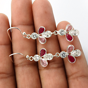 Thiết kế hợp thời trang giọt với Trắng-Hồng và Ruby Cubic Zirconia đá quý dài thả bông tai 925 rắn Sterling Silver dangle đồ trang sức - Product Image 2