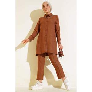 ชุดผ้าลินิน2ชิ้นพร้อมกระดุมด้านบนสีน้ำตาล - Product Image 1