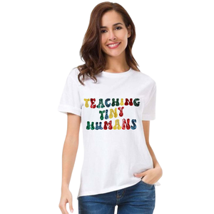 T-Shirt de rentrée scolaire décontracté pour femmes 100% Tissu en coton respirant anti-rétrécissement Style col en O Décoré Motifs à paillettes - Product Image 1