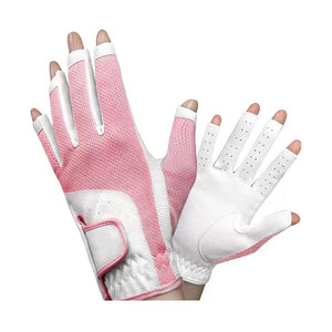Pink White Breathable Mesh Genuine <b>Leather</b> Golf Gloves Unisex Sports Half Finger Design Pull on Closure - Product Image 1