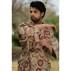 Pure Cotton Boho <b>Men's</b> Kimono Robe Geometric Luxury Dressing Gown Summer Unisex <b>Onesie</b> Bathrobe Relax Fit Beach Fleece - Product Image 6
