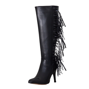 Bottines pour femme, bottes longues, hautes, noires, en cuir - Product Image 3