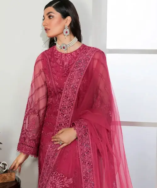 SSUMAIRA COLLECTION 3 Pc Breathable Sequence Embroidered Net Shirt with Sequence Embroidered Net Dupatta & Dyed Grip Trouser
