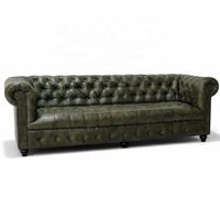 Sofá Chesterfield de Cuero Genuino Verde Militar, Tradicional, Hecho a Mano, de Tres Plazas, Patas de Madera, Personalizable, OEM/ODM, Sofá de Lujo con Mechones