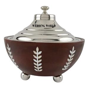 Olla Caliente de Madera con Acabado en Nogal y Tapa Dorada, Forma Redonda, Diseño de Mesa, Calentador de Comida de Madera de Lujo, Nuevo y Elegante - Product Image 5