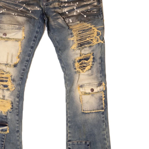 Haute Qualité Enduit Vintage Durable Denim Tissu Mi Taille Slim Fit Semi Flare Empilé Peinture Éclaboussures Jeans pour Hommes - Product Image 4