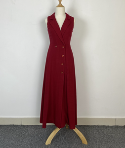 Elegante Vestido Midi Rojo Sin Mangas con Solapas en Punta y Botones al Frente, Estilo Tubo Ajustado para Oficina, Ropa de Otoño, Tela de Lino - Product Image 3