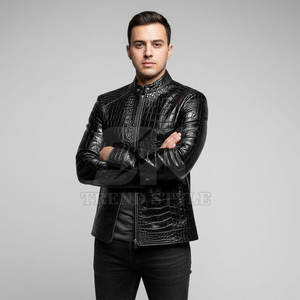 Veste élégante pour homme en cuir embossé croco, vêtement d'extérieur moderne en cuir, streetwear décontracté d'hiver, veste en cuir à motif croco pour homme - Product Image 3