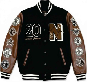 Chaqueta universitaria de bombardero escolar de béisbol Letterman de calidad superior personalizada Chaqueta de manga de cuero genuino gris y negro Unisex - Product Image 1