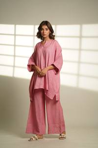 ชุดเสื้อและกางเกงผ้าลินินสองชิ้นสีชมพูขนาดใหญ่ชุดชุดนอนผ้าลินินระบายอากาศใส่สบายออกแบบได้ตามต้องการ - Product Image 6