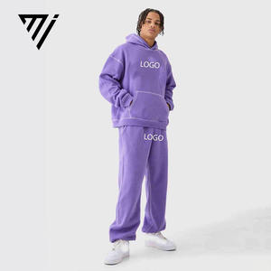 Ensemble survêtement streetwear pour homme, violet, surdimensionné, 2 pièces, sweat-shirt à capuche avec surpiqûres blanches, pantalon de survêtement ample - Product Image 1