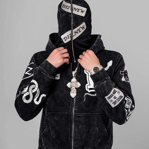 TRADE in MFG <b>Men's</b> 100% Cotton Hoodies with Custom Screen Print Distressed Embroidery Full Zip up <b>Black</b> 520GSM <b>for</b> Two Hats - Product Image 3