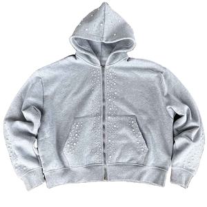 Sudadera con Capucha y Pantalones Deportivos Personalizados con Perlas y Pedrería, Ropa Urbana 100% Algodón Felpa, Sudadera con Capucha de Hombros Caídos y Pantalones Deportivos de Cintura Doble Acampanados - Product Image 1