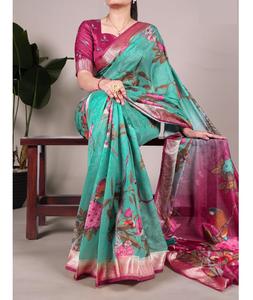 Las últimas mujeres usan seda Tussar con borde de viscosa Festival y ropa de fiesta Sari con estampado floral Fiesta India Sari - Product Image 1