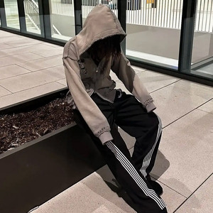 Sweat à capuche pour hommes 500 Gsm Heavyweight Terry Acid Wash Double Zipper Rhinestone Distressed Rip Embroidered New Style Zipper Hoodie - Product Image 6