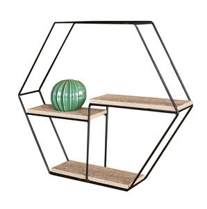 Support mural noir en forme d'hexagone support de rangement mural métal et bois pour la maison salon support mural décoratif - Product Image 1