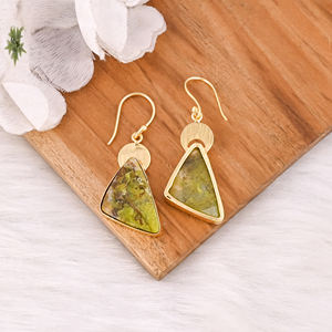 Pendientes Colgantes de Latón Antiguo para Mujer, Pendientes de Gota con Piedra de Ópalo Verde, Pendientes Hechos a Mano de Latón de Alta Calidad, Pedido al por Mayor - Product Image 4