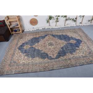 Alfombra de lana azul y beige vintage, diseño de retales de 6,8x10,5 pies para dormitorio, respaldo de látex de alta calidad para adolescentes - Product Image 3