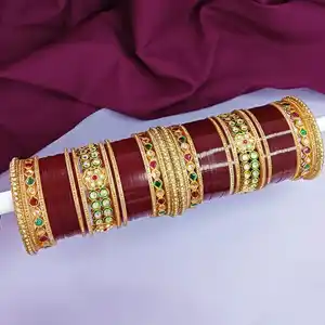 印度批发商丙烯酸昆丹水晶手镯旁遮普楚达婚礼杜汉丘拉套装新娘手镯套装