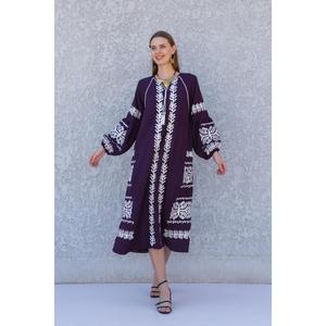 Prix le plus bas bohème 100% coton Maxi robe Vintage lourde broderie travail à manches longues ukrainien Wrap mi-longueur dames robe - Product Image 1