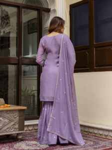 Ensemble Salwar Sharara en soie brodée pour femmes Trendmalls avec dupatta (G313-Violet clair) pour mariage - Product Image 2