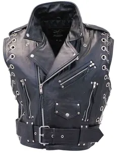 Chaleco de motociclista de cuero auténtico para hombre, chaleco Brando, cadena decorativa, chaleco de cuero para motociclista personalizado - Product Image 3