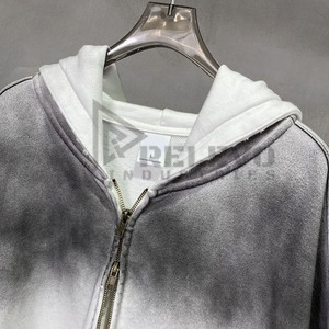 เสื้อฮู้ดแบบรูดซิปใส่ได้ทั้งชายและหญิงผ้าคอตตอนเทอร์รี่ผ้าฝ้ายเทอร์รี่ที่ดูเครียดเสื้อผ้าแนวสตรีทโอเวอร์ไซส์โลโก้ที่กำหนดเองซีดลงแดด - Product Image 5