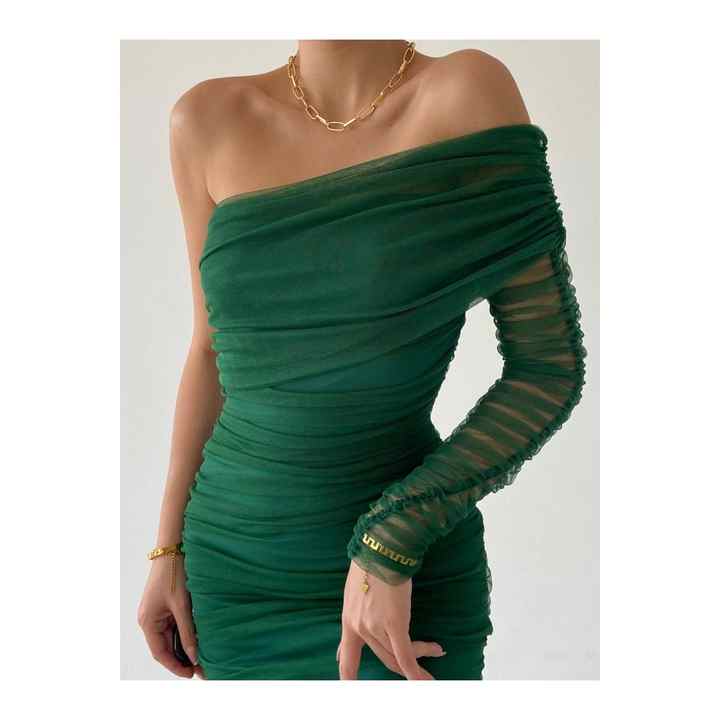 Women's Draped Tulle Fabric Single Sleeve Slim Fit Midi Length Green Color Color Pencil Evening Dress