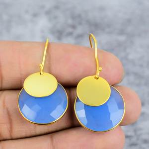 Boucles d'oreilles pendantes en argent sterling 925 plaqué or avec chalcédoine bleue, boucles d'oreilles tendance de style goutte pour femmes - Product Image 2