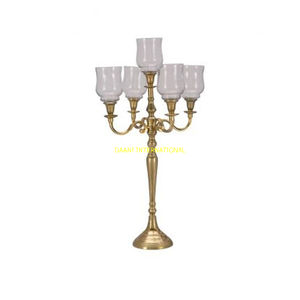Candélabre en or à 5 bras avec bougeoirs en perles de cristal Support de bougie de pièce maîtresse de mariage élégant pour les fêtes, les événements et les hôtels - Product Image 6