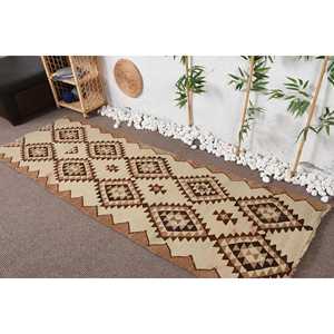 2.8x8.3 ft Vintage <b>Rug</b>, Turkish <b>Runner</b> <b>Rug</b>, Beige Brown Check Wool <b>Rug</b> - Product Image 2