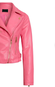 แจ็กเก็ตหนังผู้หญิงแบบมีซิปสีชมพู - Product Image 6