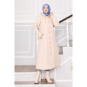 Manteau matelassé rétro élégant à capuche avec logo et boutons décoratifs, taille XL, en tissu tissé polyester et coton, poches longues - Product Image 5