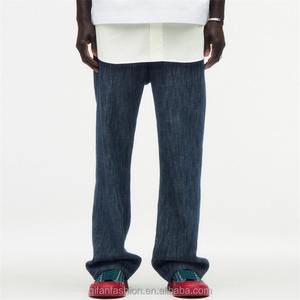 Pantalon en denim mélangé lin coupe droite personnalisé 5 poches Jeans pour hommes - Product Image 3