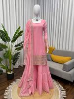 Setelan Salwar Pink Wanita Elegan untuk Pesta, Kurta Salwar Dupatta, Pakaian Pernikahan, Anti Kusut, Cepat Kering, Bahan Mikrofiber